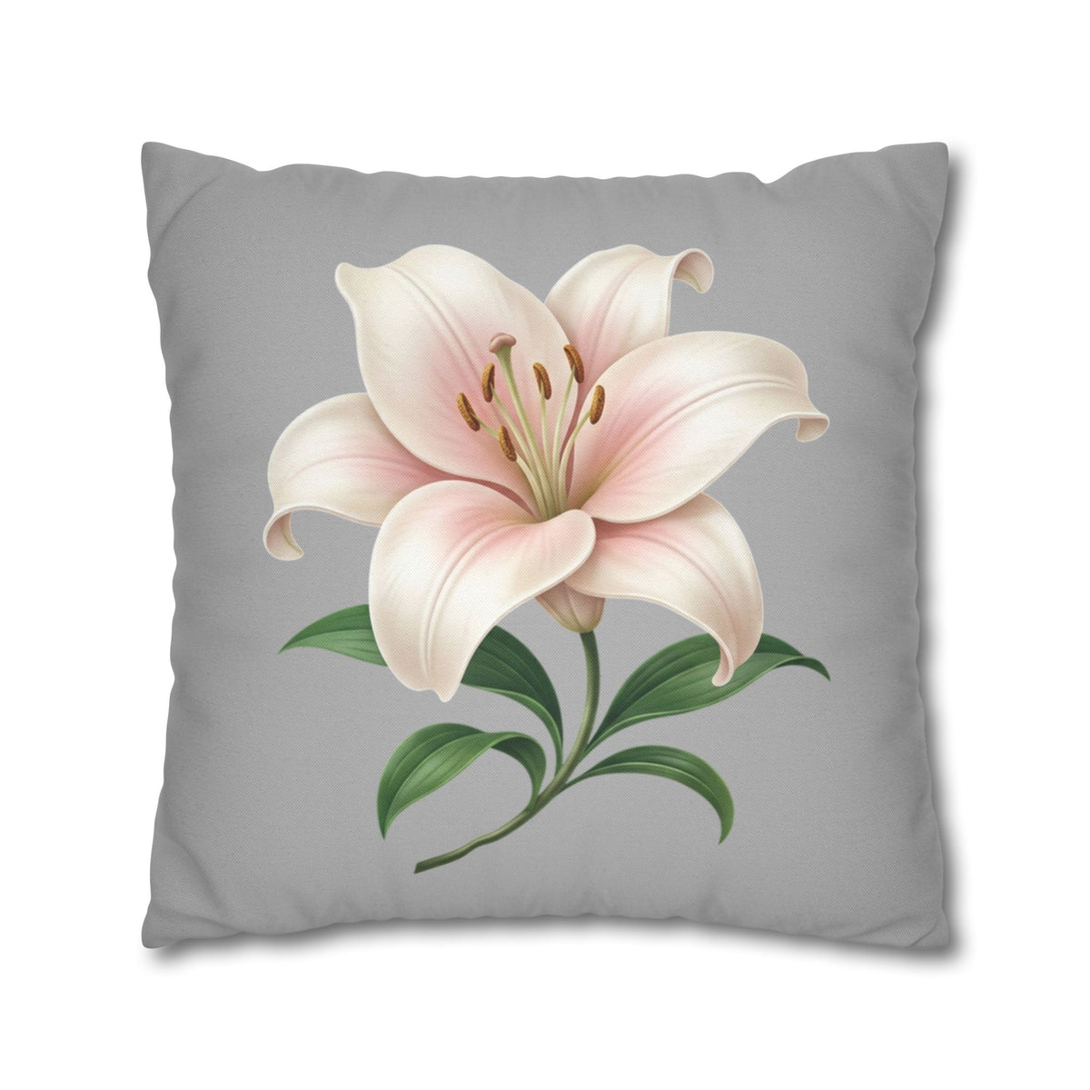 Floral Lily Throw Pillowcase — Pink Lily on Gray Decorative Cushion Cover