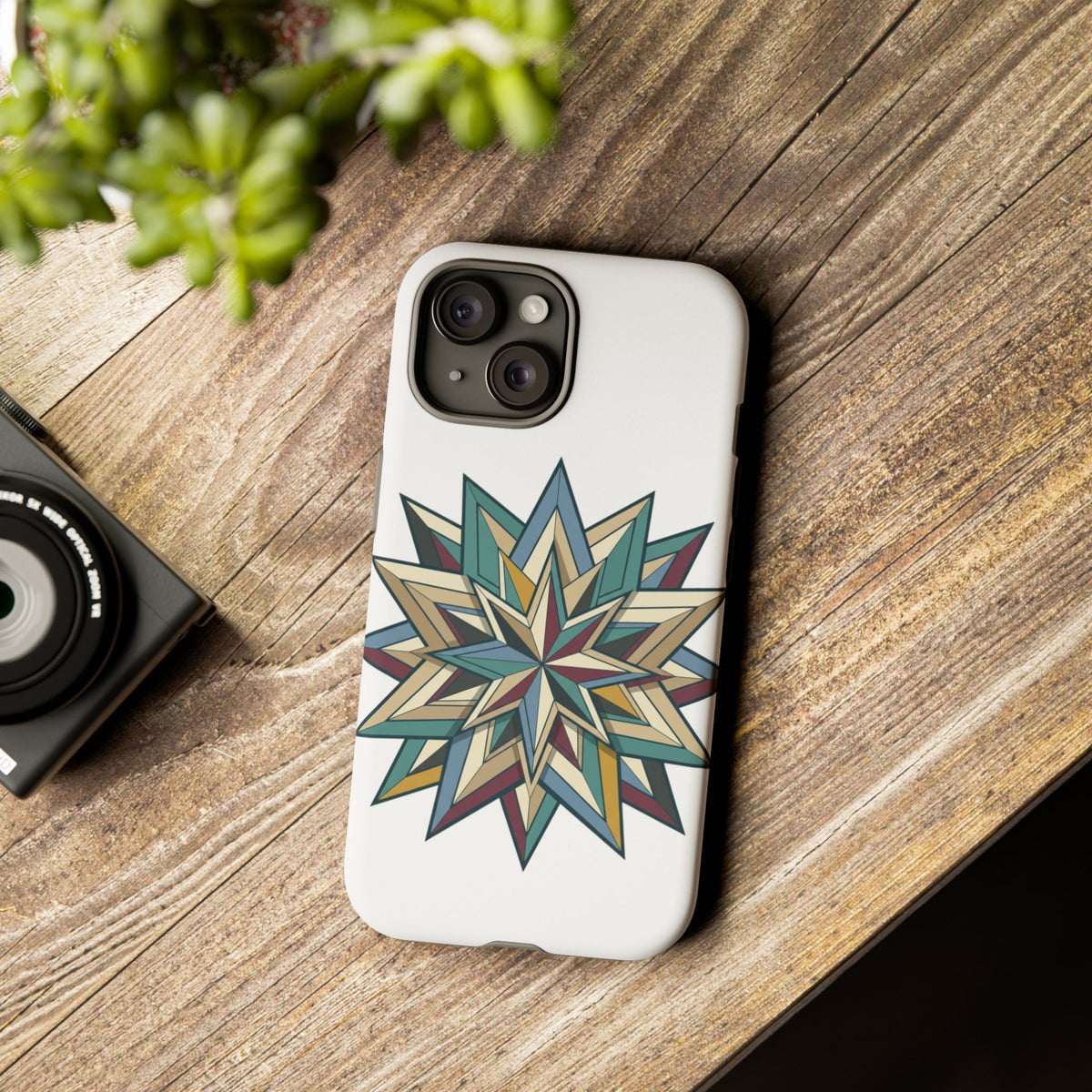 Geometric Star Phone Case — Teal & Earthtone Mandala Design