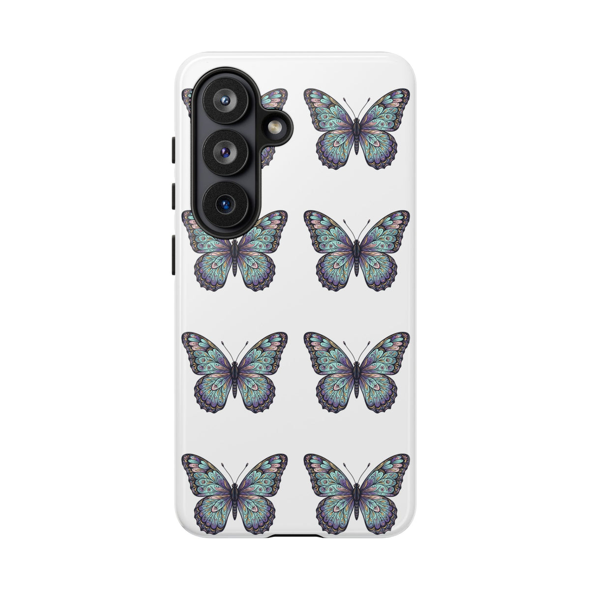 Butterfly Pattern Tough Phone Case — Vintage Teal Floral Protective Cover