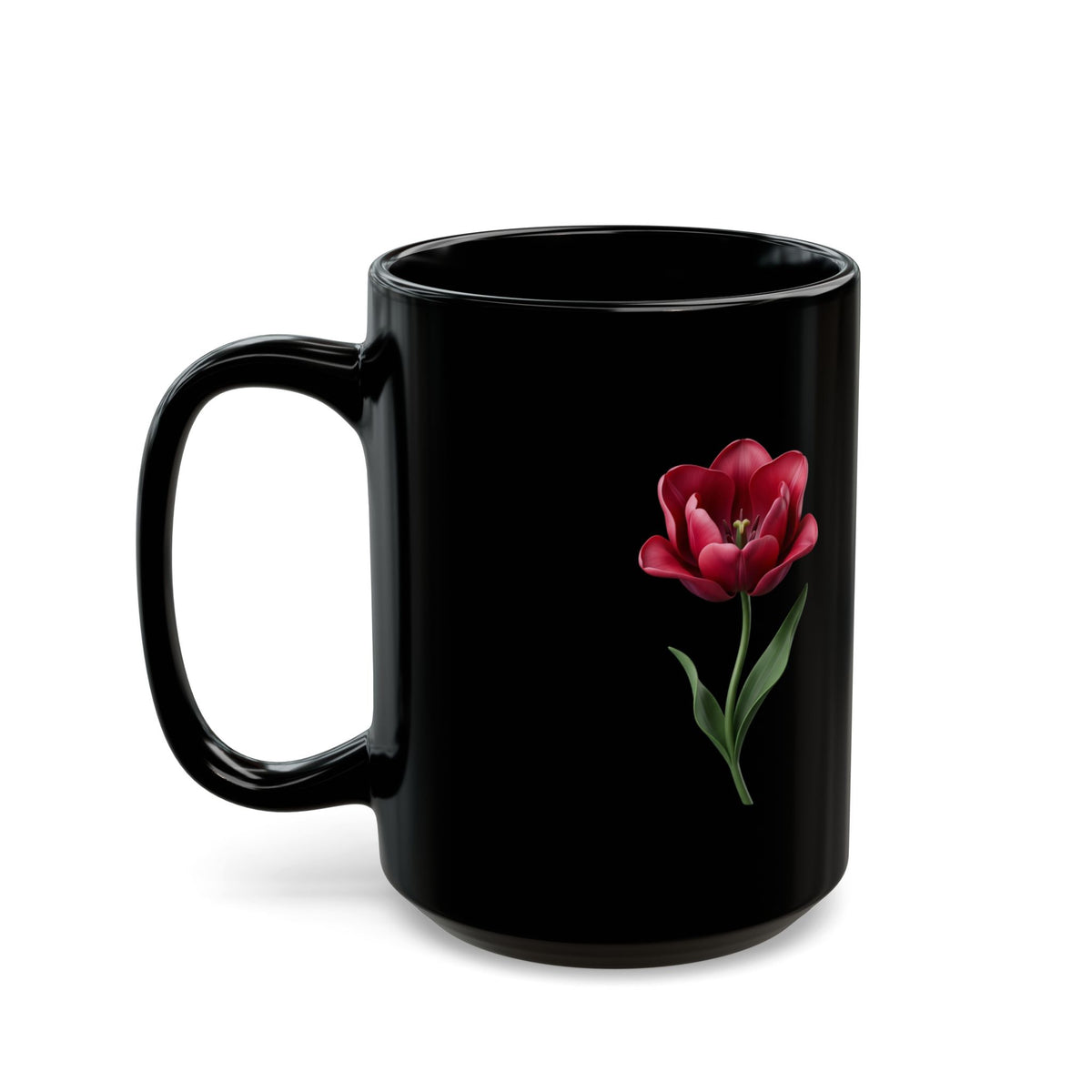 Black Floral Mug — Red Tulip Ceramic Coffee Cup (11oz & 15oz)