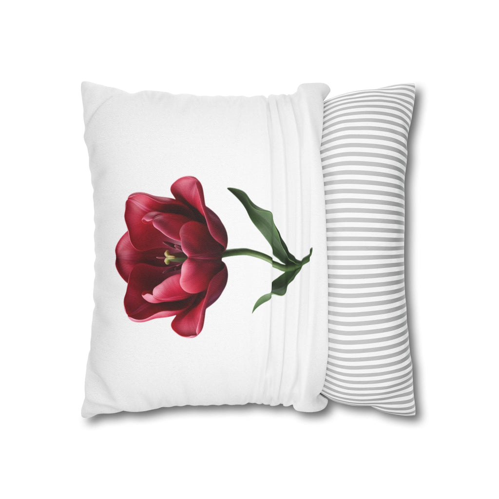 Red Tulip Floral Pillowcase — Botanical Square Throw Pillow Cover