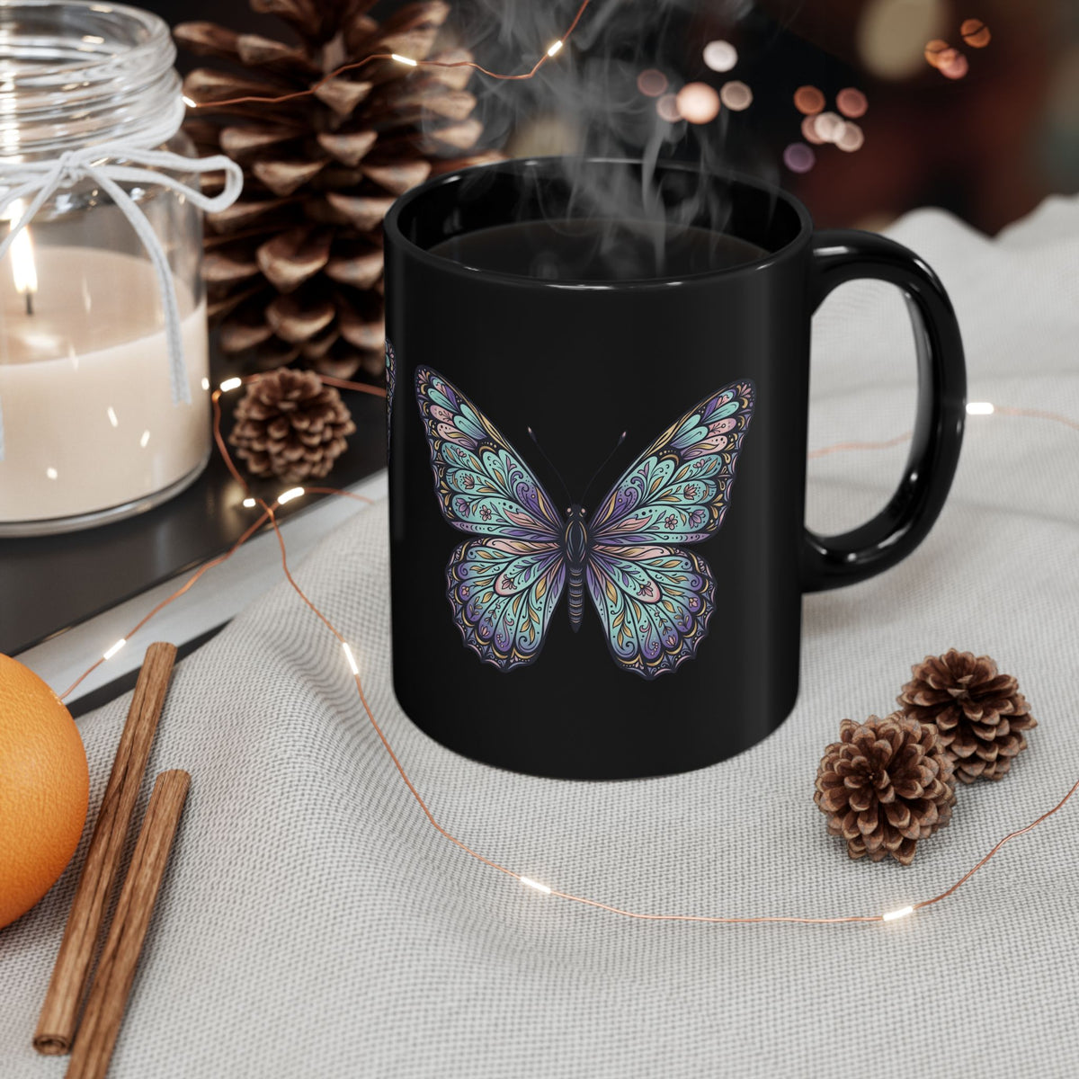 Iridescent Butterfly Black Mug — 11oz & 15oz Ceramic Coffee Cup