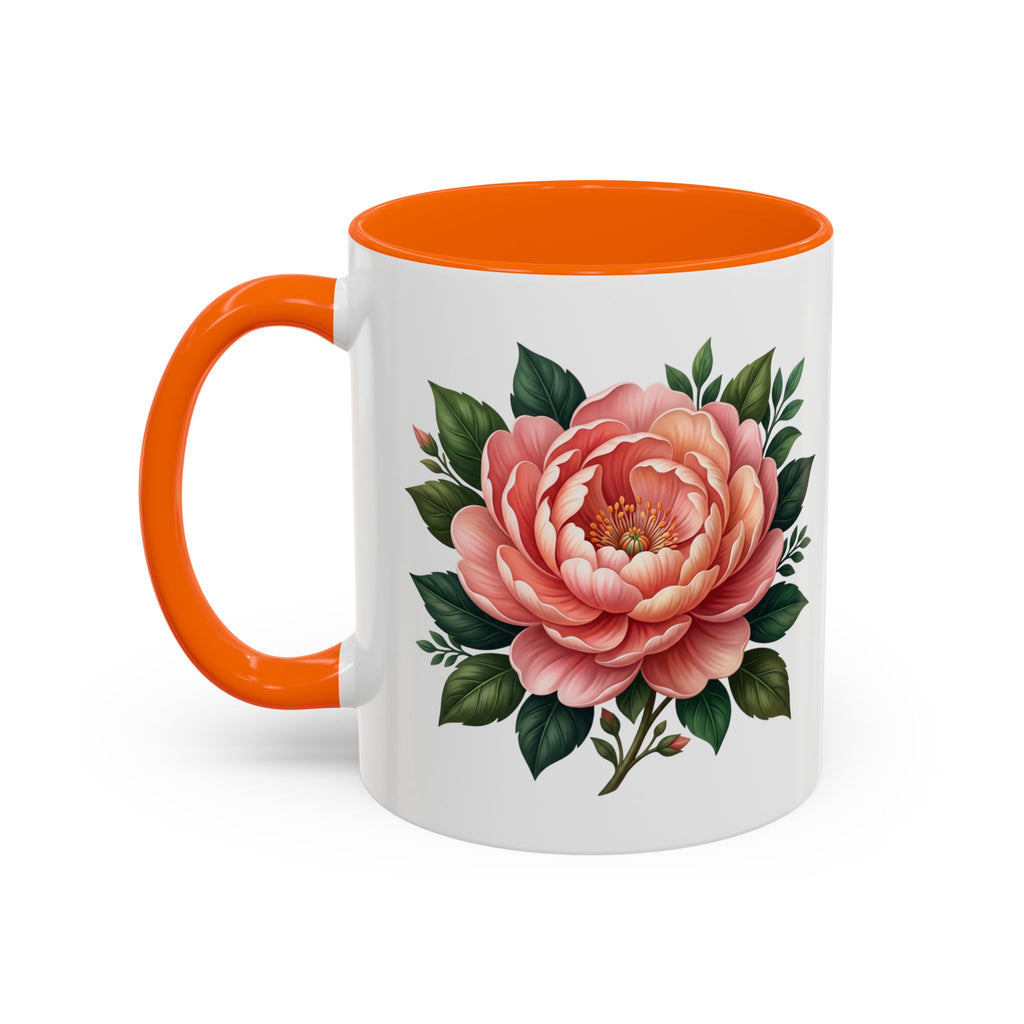 Floral Peony Accent Coffee Mug — Pink Rose Bloom Ceramic Cup