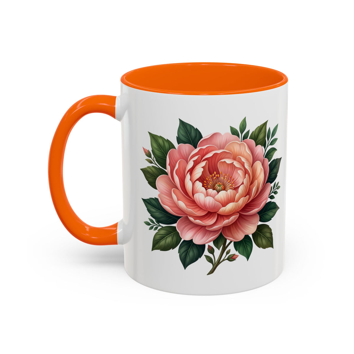 Floral Peony Accent Coffee Mug — Pink Rose Bloom Ceramic Cup