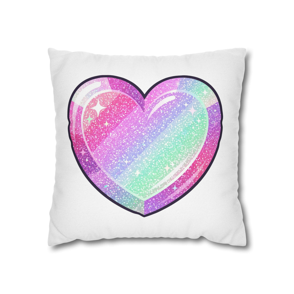 Pastel Glitter Heart Pillowcase — Cute Rainbow Sparkle Decorative Throw Pillow- White