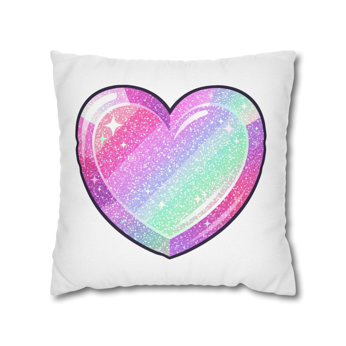 Pastel Glitter Heart Pillowcase — Cute Rainbow Sparkle Decorative Throw Pillow- White