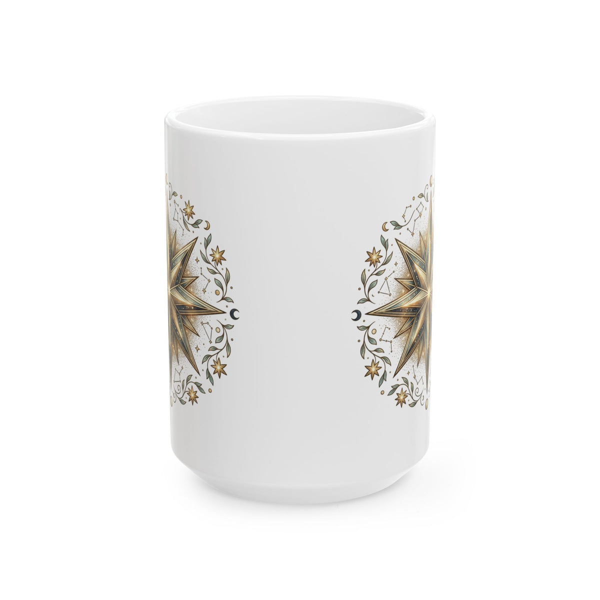 Boho Compass Ceramic Mug – Gold Sun Mandala Coffee Cup (11oz & 15oz)