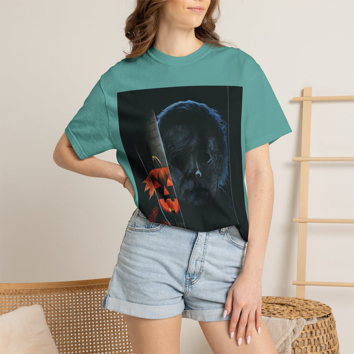 T-Shirt — Halloween Split-Face Pumpkin & Michael Myers Horror Graphic