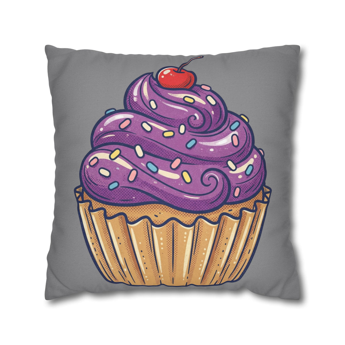 Cupcake Pillowcase — Whimsical Purple Frosting Decorative Throw Pillow- Grey