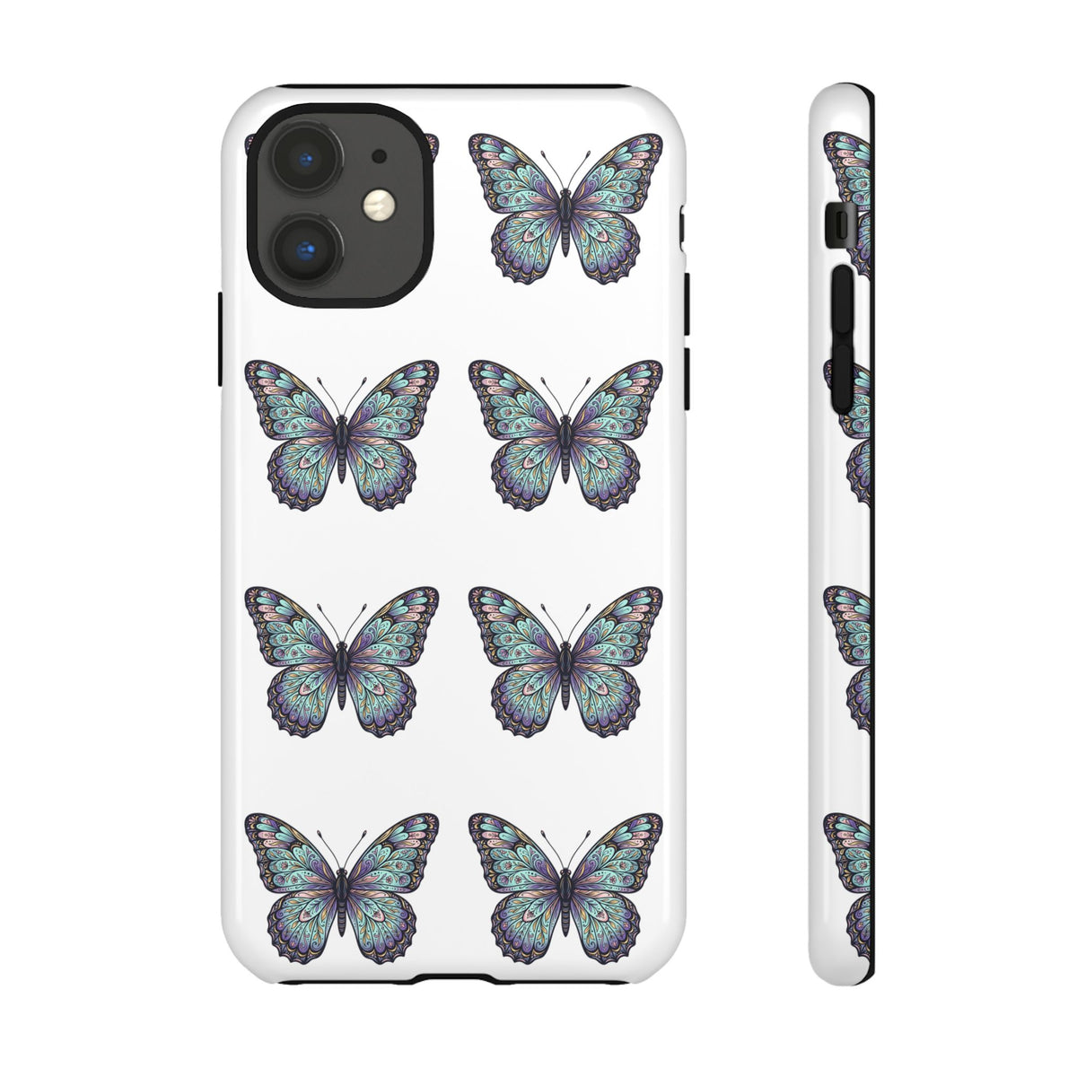 Butterfly Pattern Tough Phone Case — Vintage Teal Floral Protective Cover