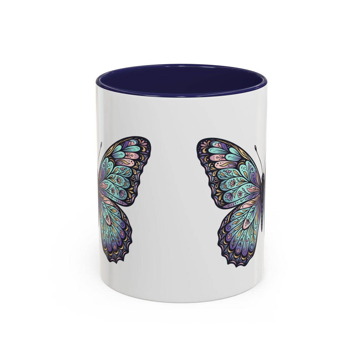Butterfly Accent Coffee Mug — Teal Mandala Wing Design (11/15oz)