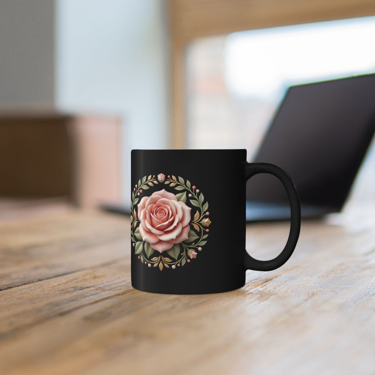 Black Rose Ceramic Mug — Elegant Pink Floral Coffee Cup (11oz & 15oz)