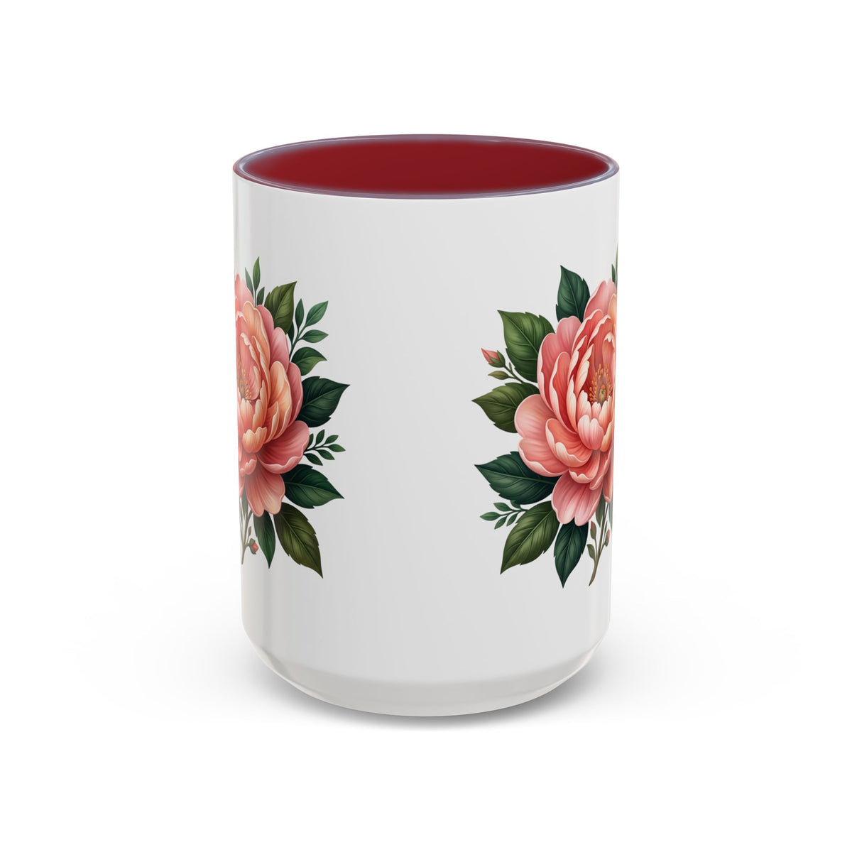 Floral Peony Accent Coffee Mug — Pink Rose Bloom Ceramic Cup