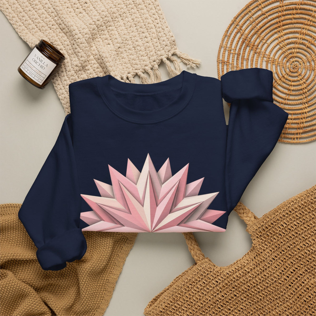 Starburst Polygon Crewneck Sweatshirt — Pink Geometric Floral Graphic