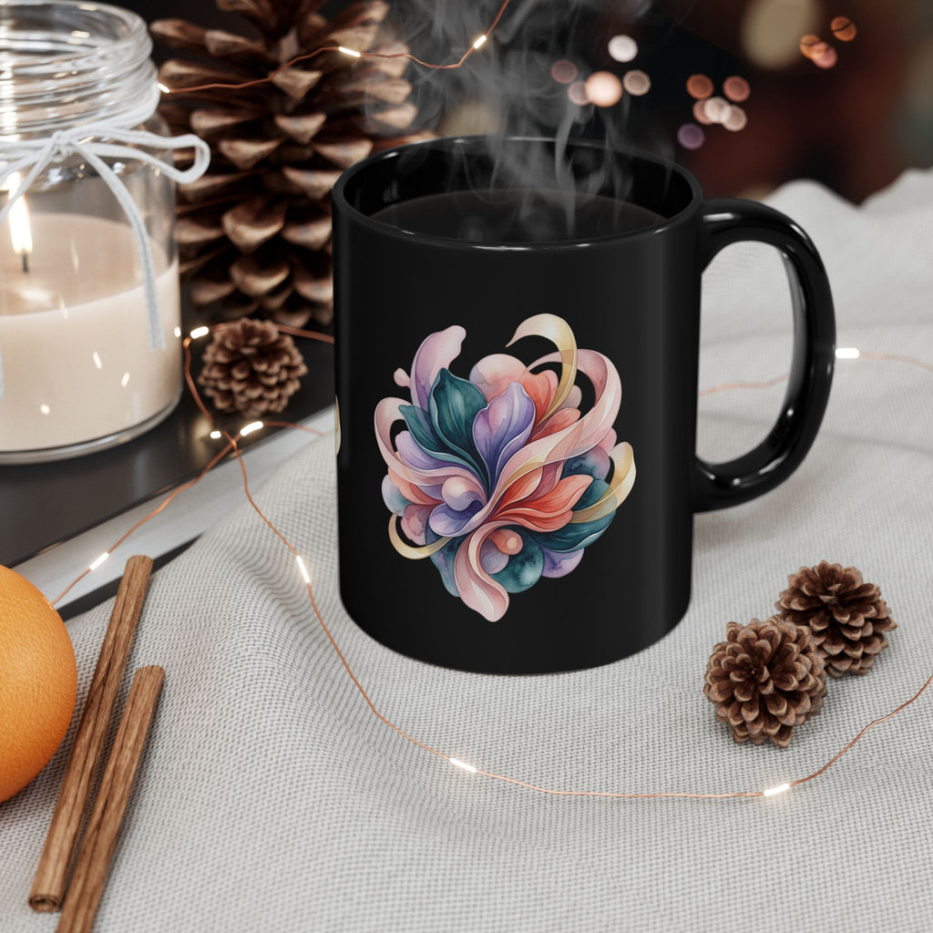 Floral Heart Black Mug — Colorful Watercolor Bouquet Coffee Cup (11oz & 15oz)