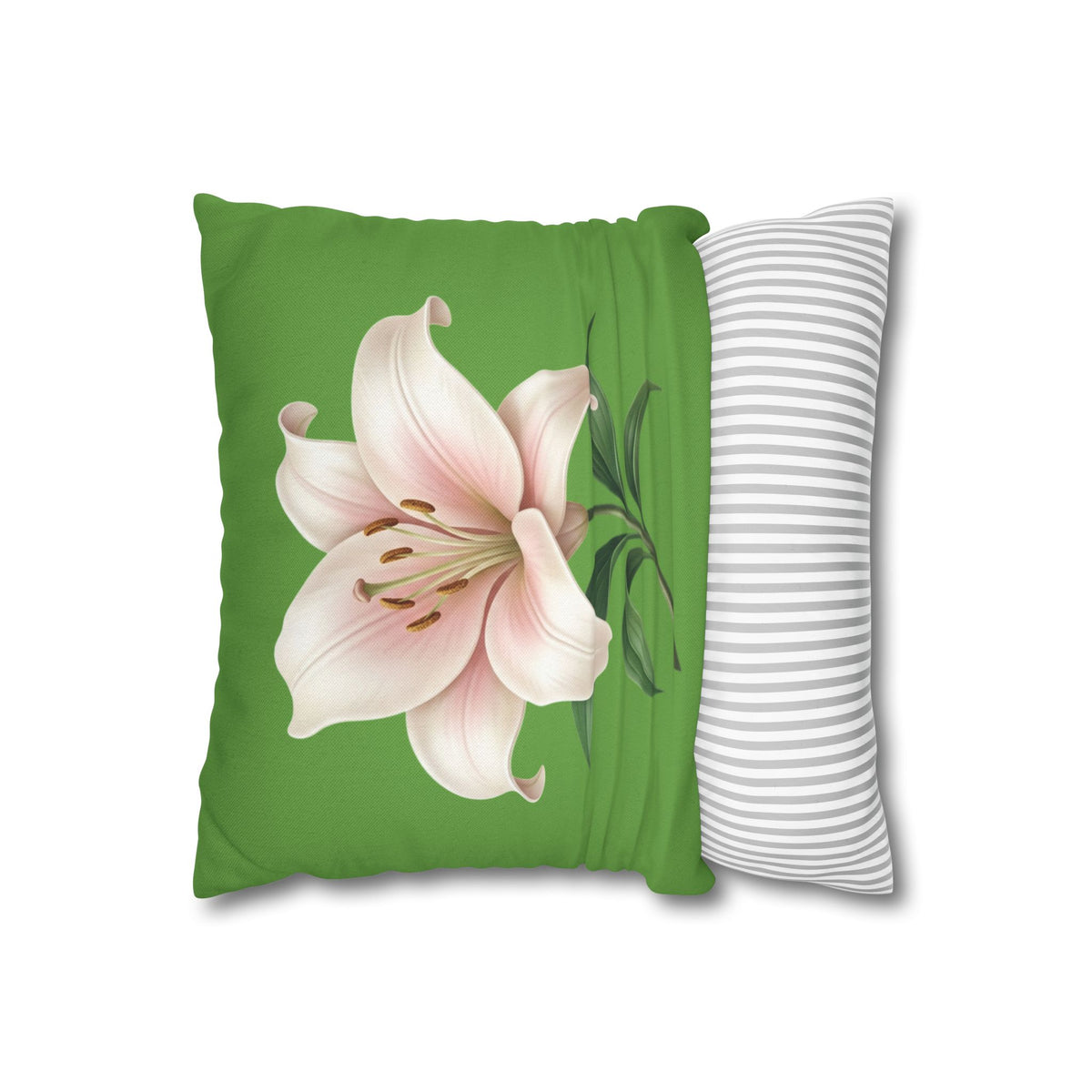 Pink Lily Floral Pillowcase — Green Square Decorative Pillow Cover