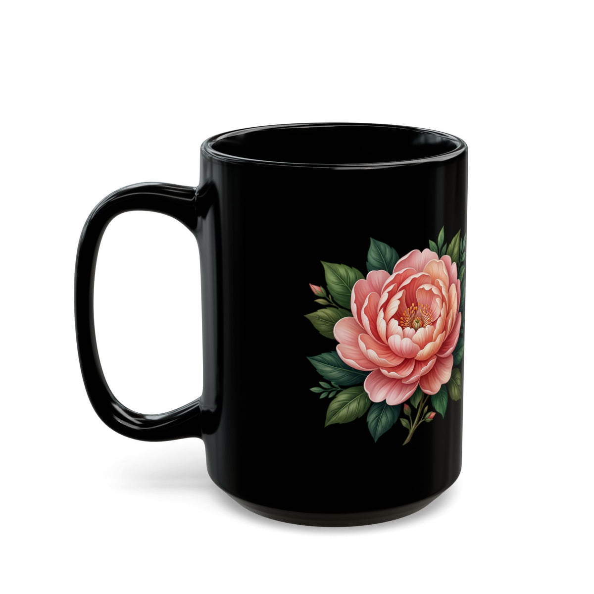 Floral Peony Black Mug — Pink Rose Coffee Cup (11oz, 15oz)