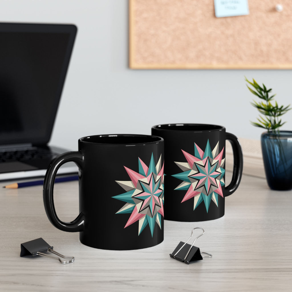 Geometric Starburst Black Coffee Mug — Retro Teal & Pink 11oz/15oz