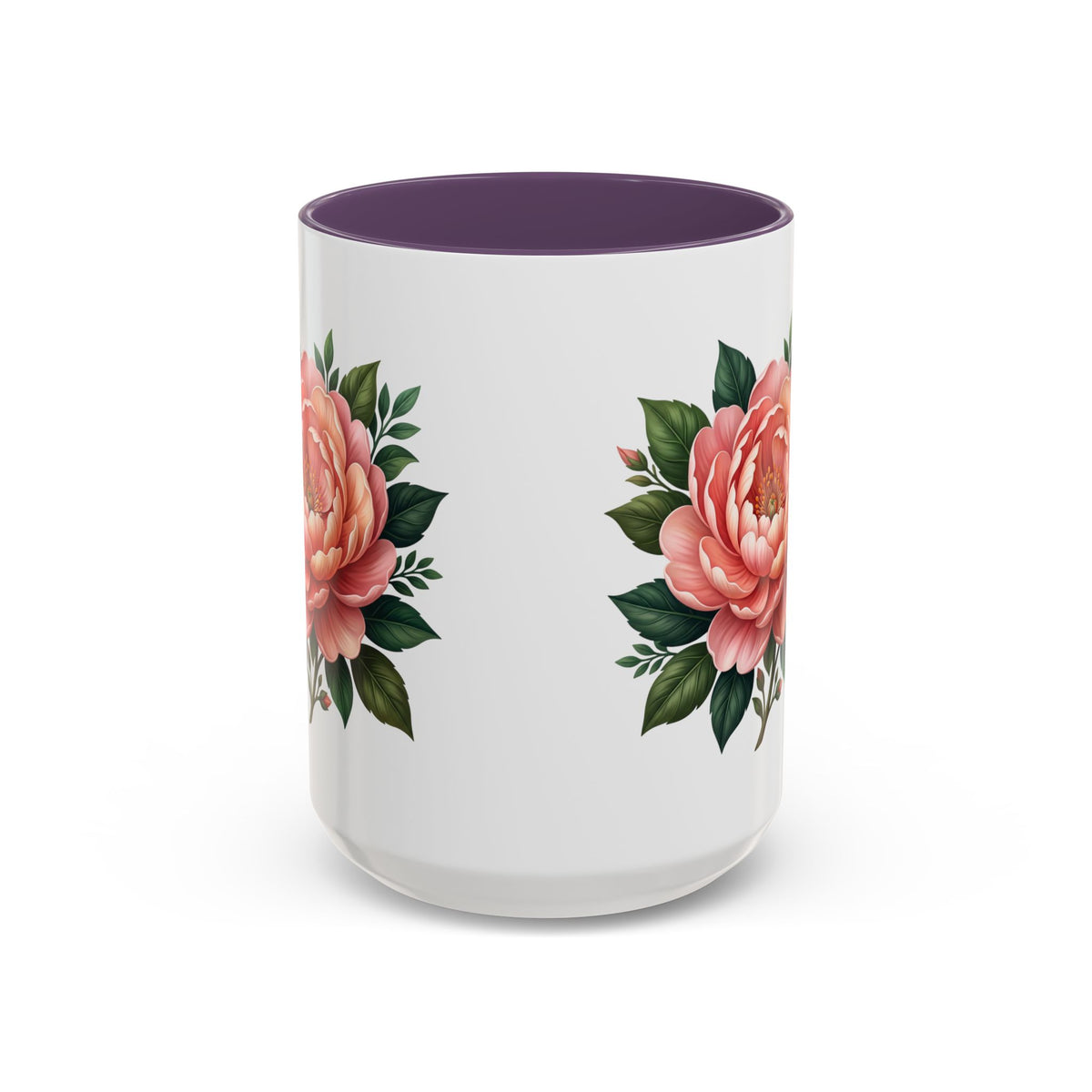 Floral Peony Accent Coffee Mug — Pink Rose Bloom Ceramic Cup