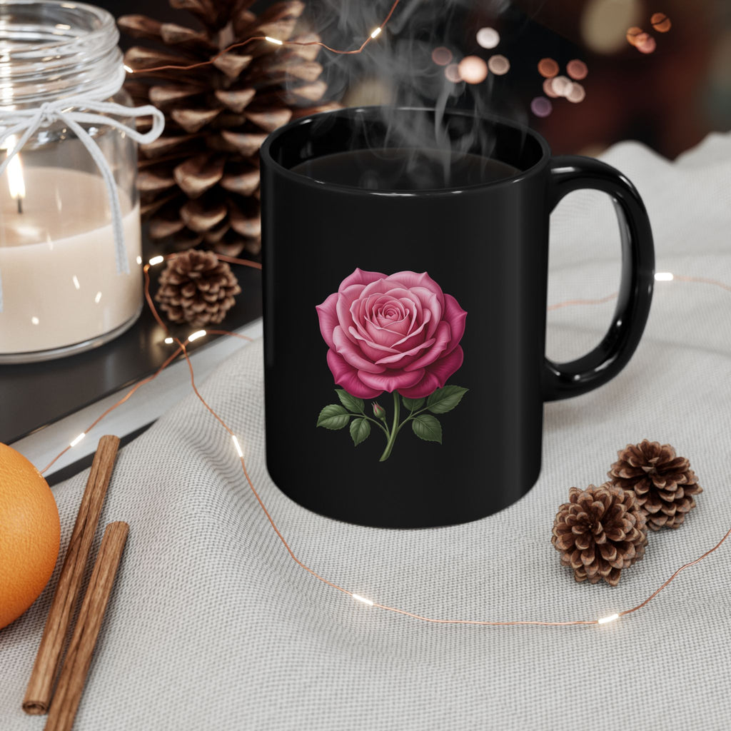 Pink Rose Black Mug — Elegant Floral Coffee Cup (11oz & 15oz)