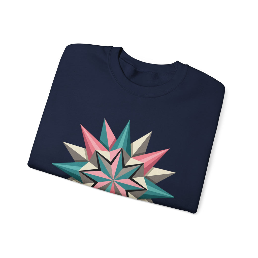 Geometric Starburst Crewneck Sweatshirt — Pink Teal Modern Compass Design