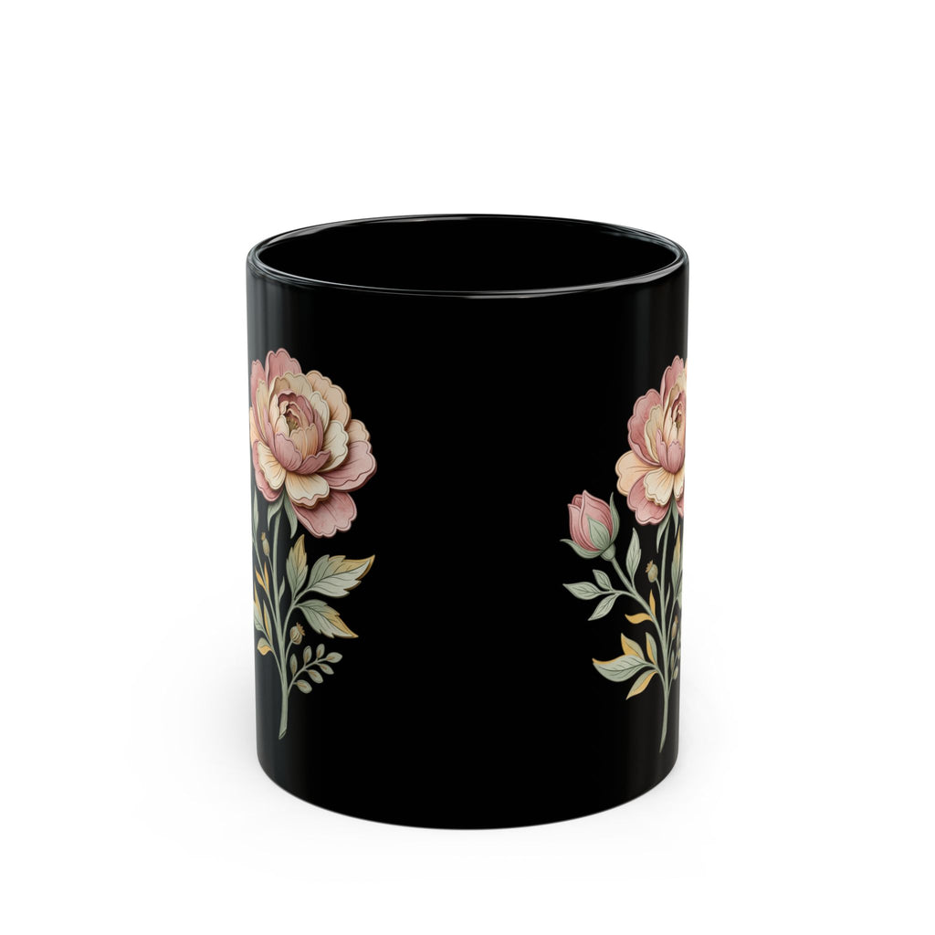 Floral Vintage Rose Black Ceramic Mug — Elegant Pink Peony Coffee Cup (11oz/15oz)