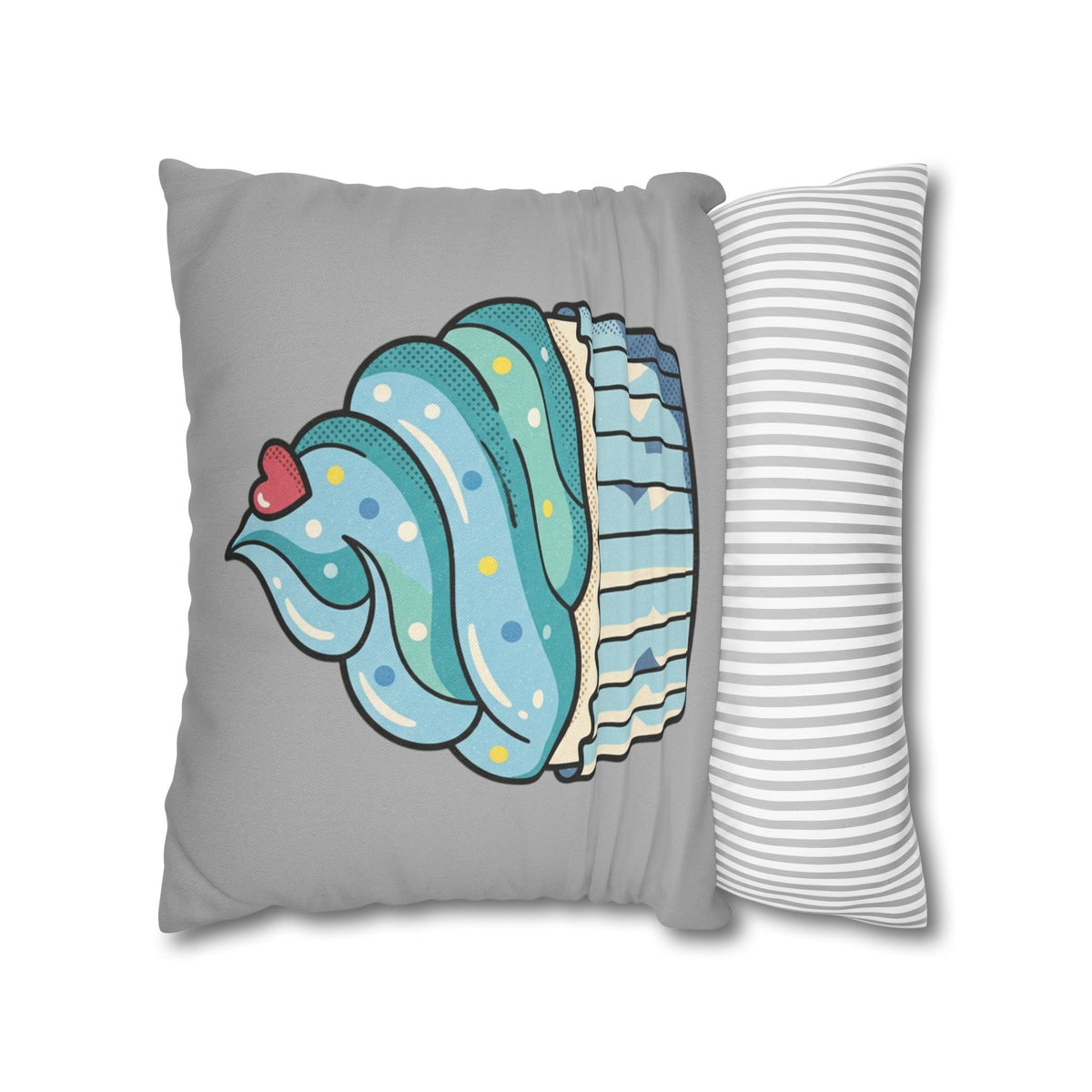 Cupcake Pillowcase — Cute Blue Dessert Decorative Throw Pillow- Light Grey