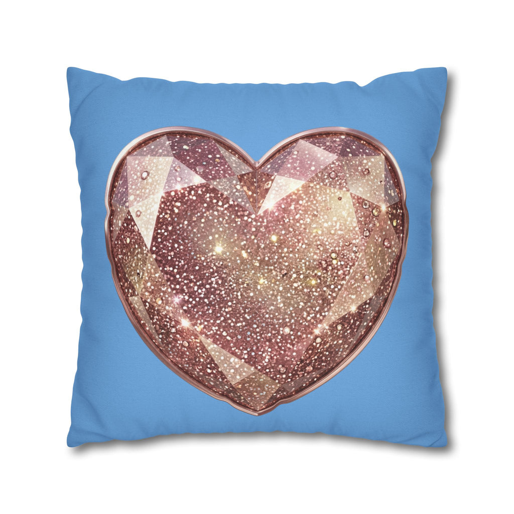 Glitter Gem Heart Pillowcase — Sparkling Rose Gold Heart on Blue
