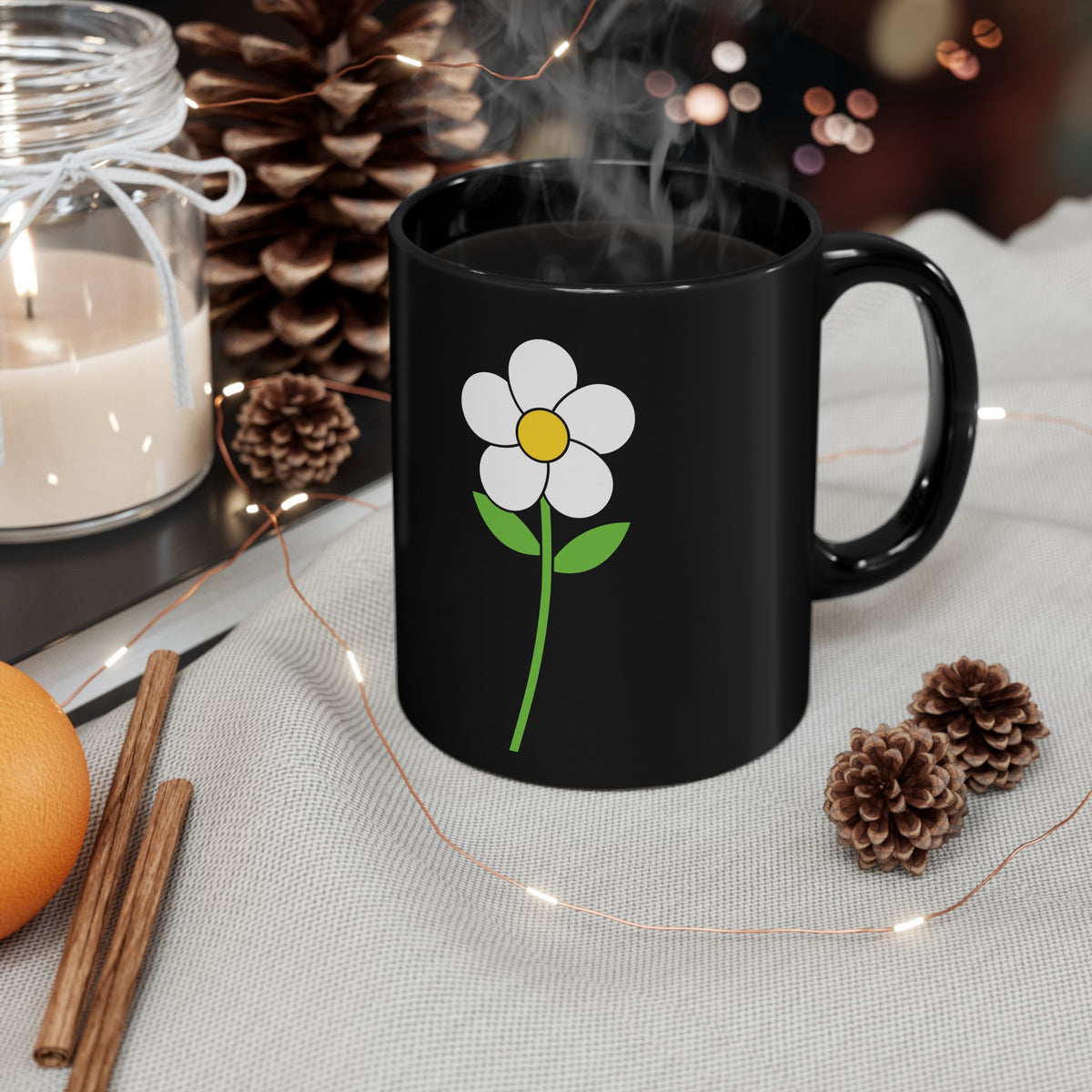 Black Daisy Mug — Cute Minimal Flower Coffee Cup (11oz & 15oz)