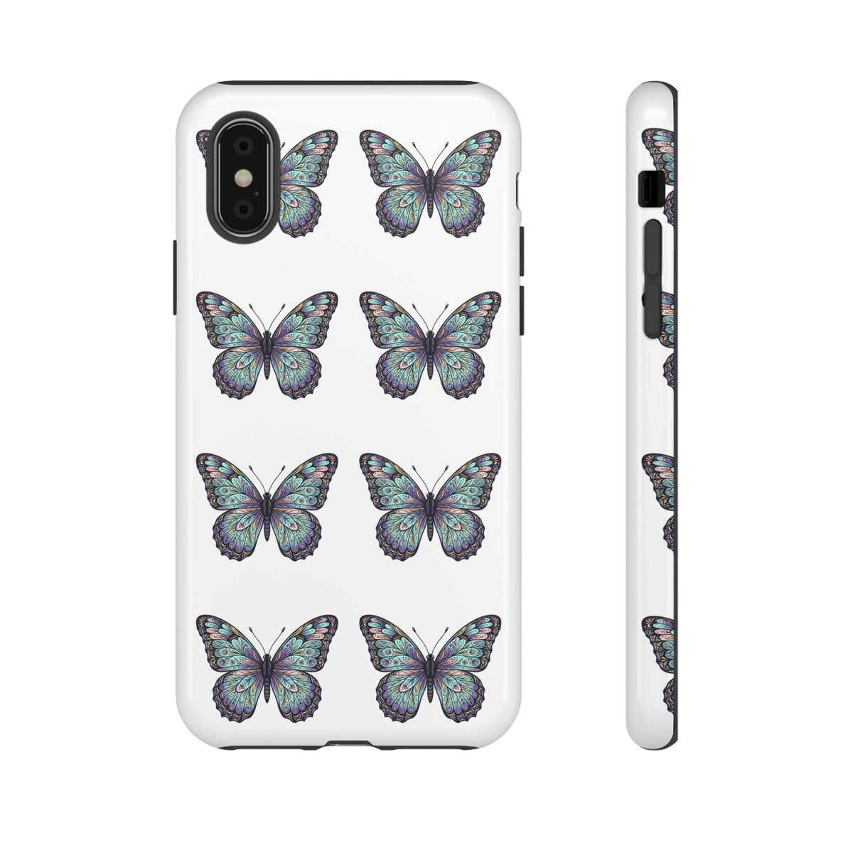 Butterfly Pattern Tough Phone Case — Vintage Teal Floral Protective Cover