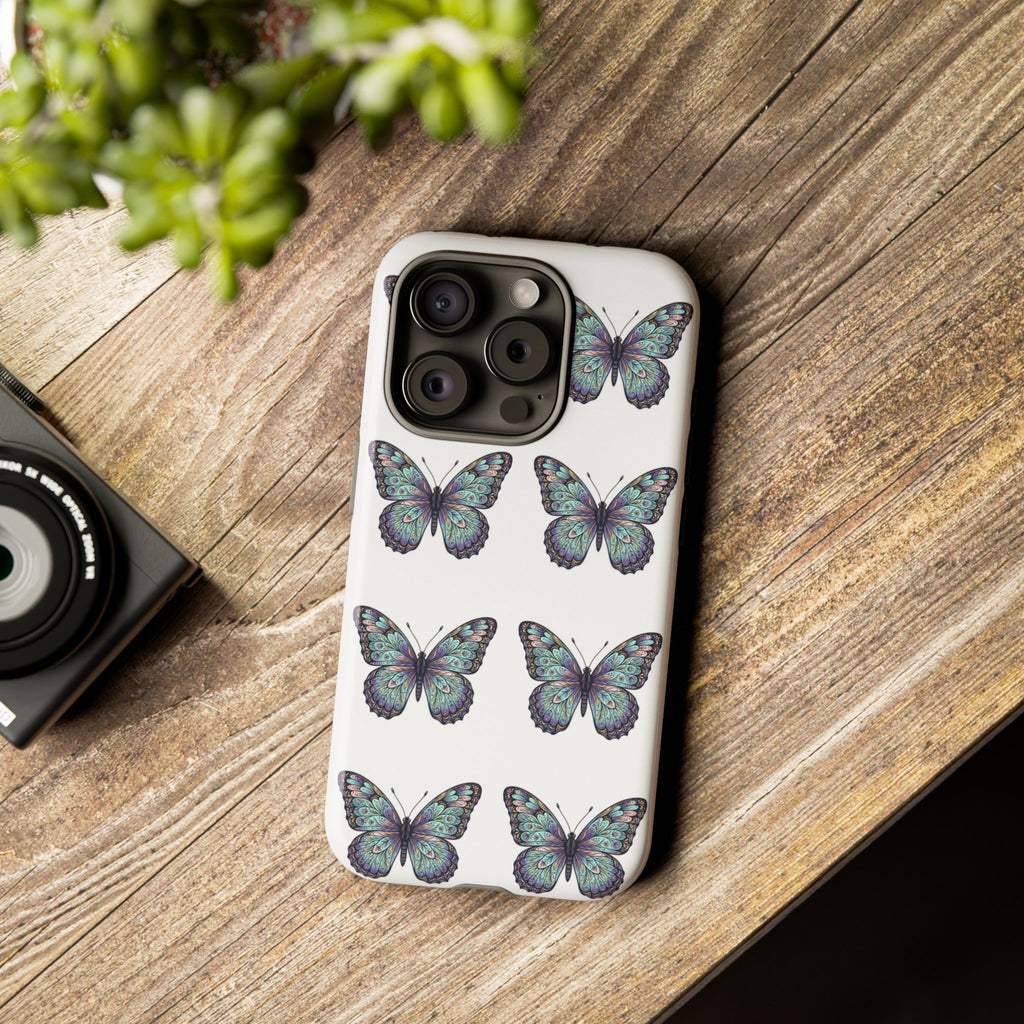 Butterfly Pattern Tough Phone Case — Vintage Teal Floral Protective Cover