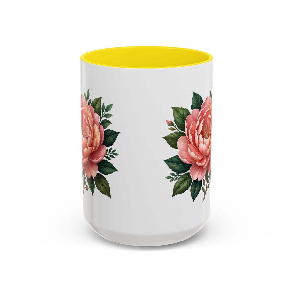Floral Peony Accent Coffee Mug — Pink Rose Bloom Ceramic Cup