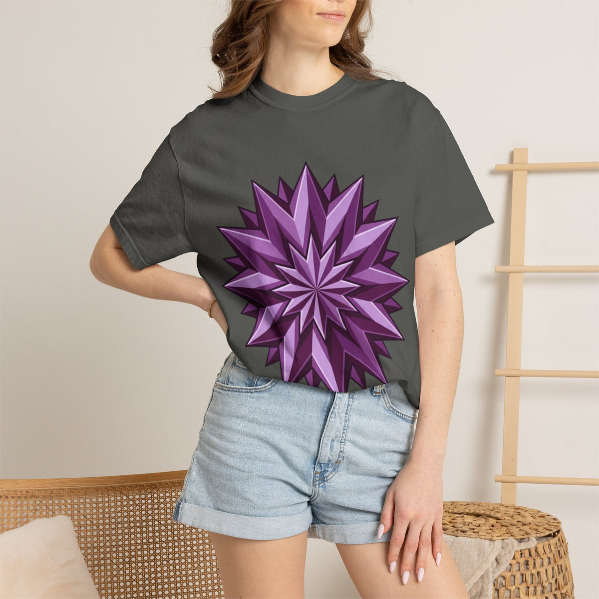 Purple Geometric Starburst T-Shirt — Bold 3D Floral Graphic Tee