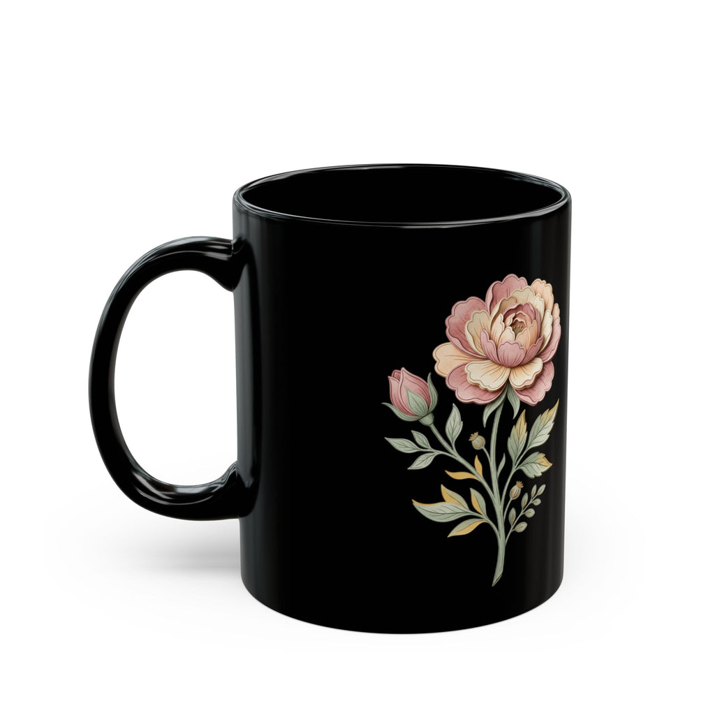 Floral Vintage Rose Black Ceramic Mug — Elegant Pink Peony Coffee Cup (11oz/15oz)