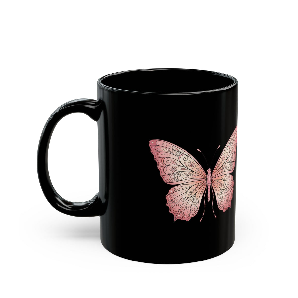 Pink Butterfly Black Mug — Elegant Floral Butterfly Ceramic Coffee Cup (11oz/15oz)