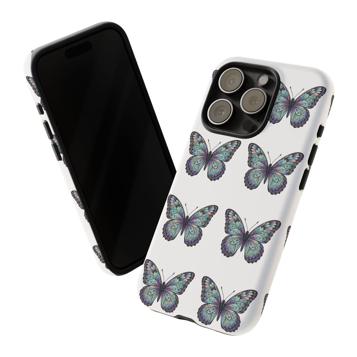 Butterfly Pattern Tough Phone Case — Vintage Teal Floral Protective Cover