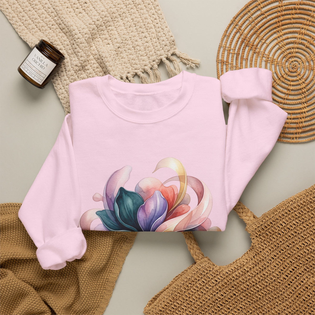 Abstract Floral Crewneck Sweatshirt — Pastel Swirl Art Pullover