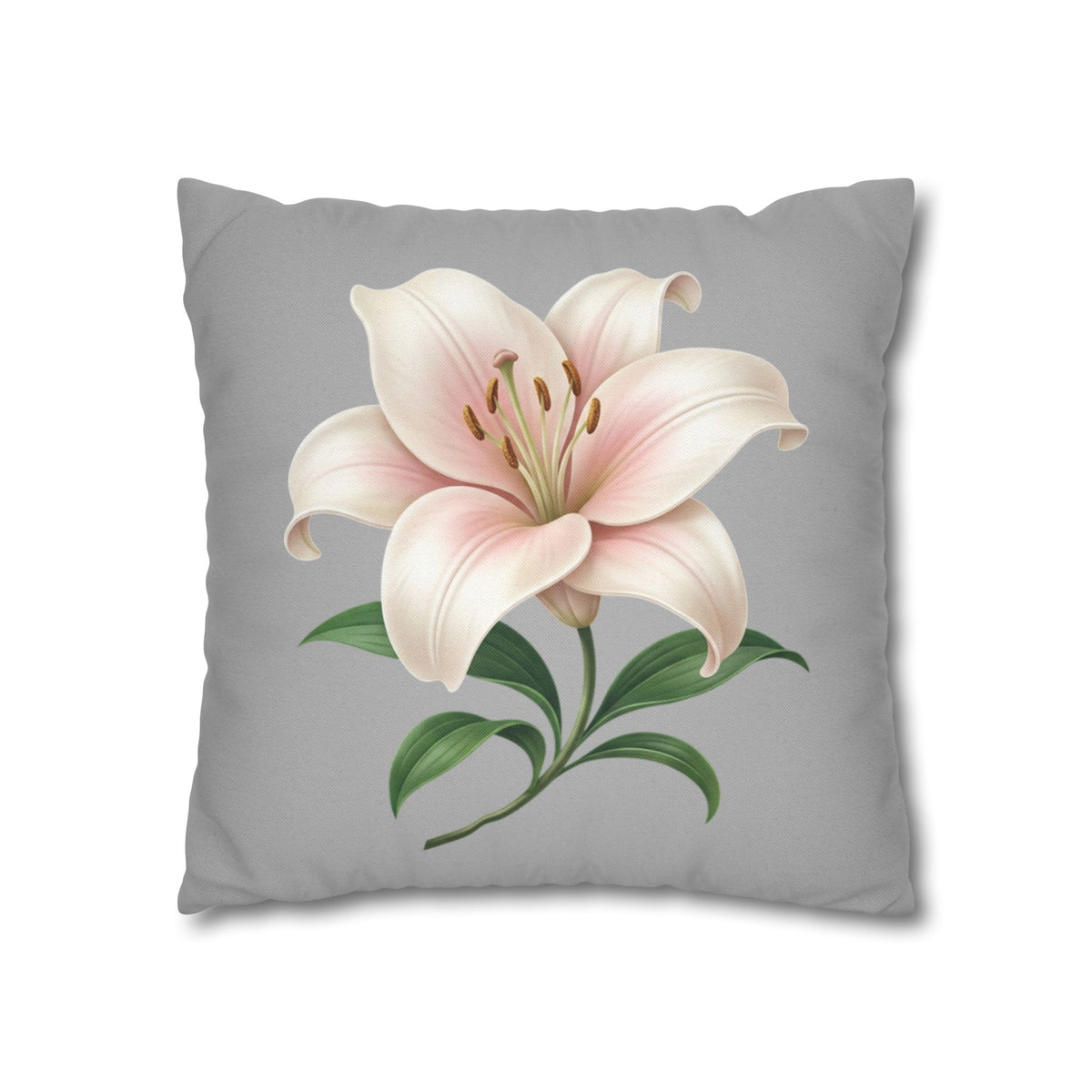Floral Lily Throw Pillowcase — Pink Lily on Gray Decorative Cushion Cover