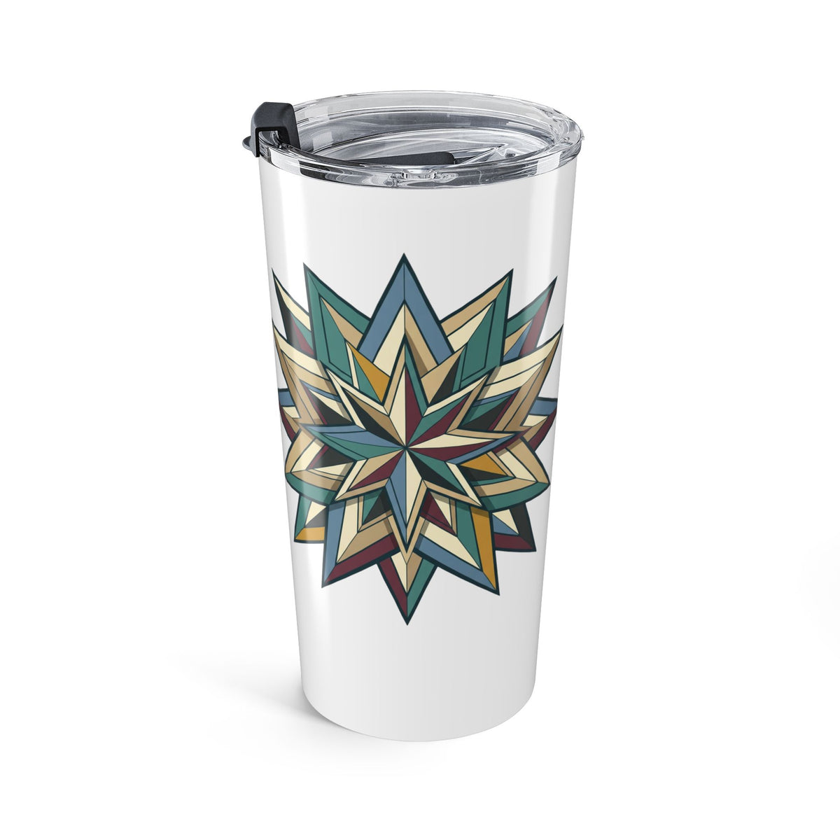 20oz Starburst Geometric Tumbler — Insulated Travel Cup with Teal & Gold Tribal Mandala- White
