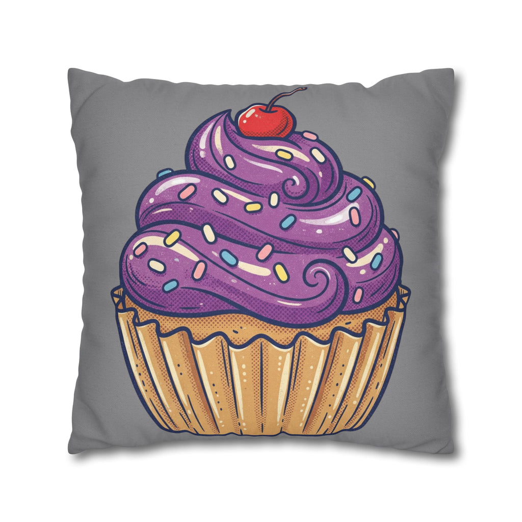 Cupcake Pillowcase — Whimsical Purple Frosting Decorative Throw Pillow- Grey