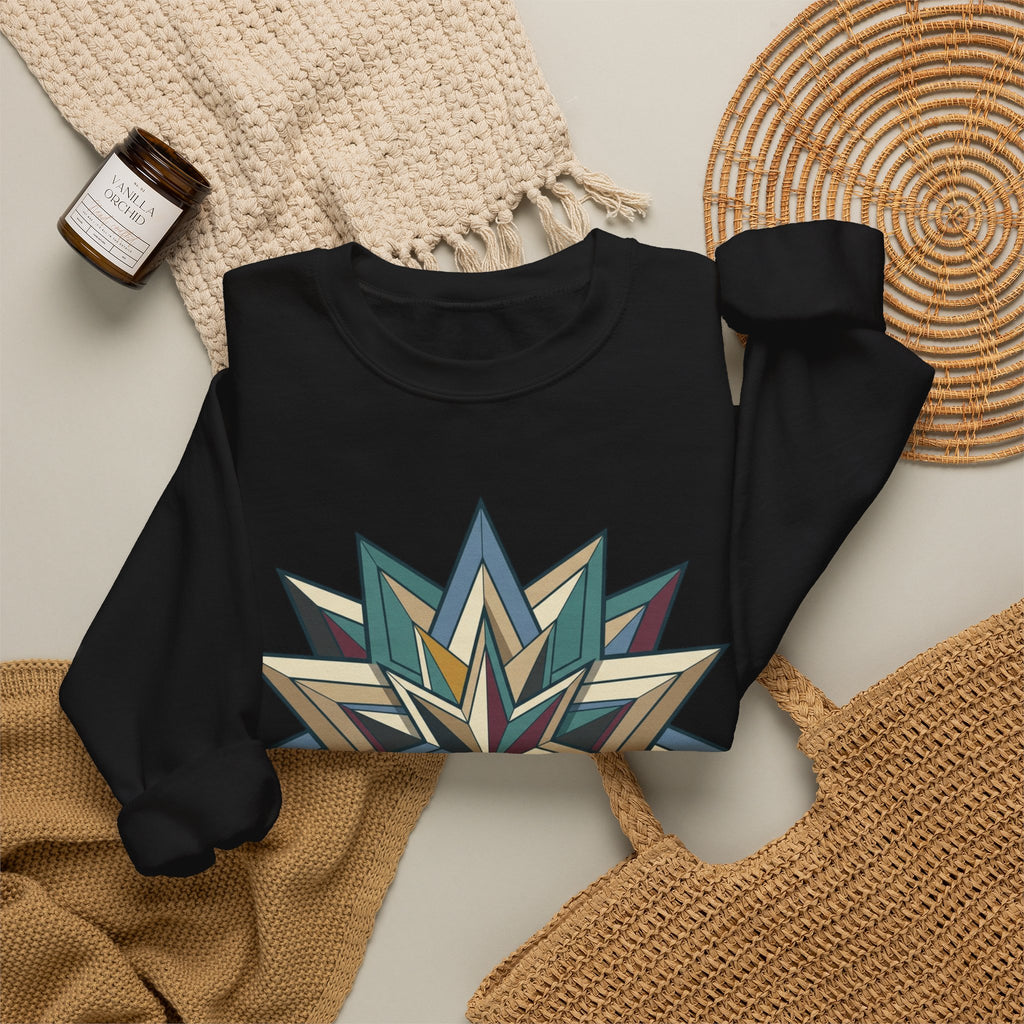 Crewneck Sweatshirt — Geometric Starburst Mandala Design