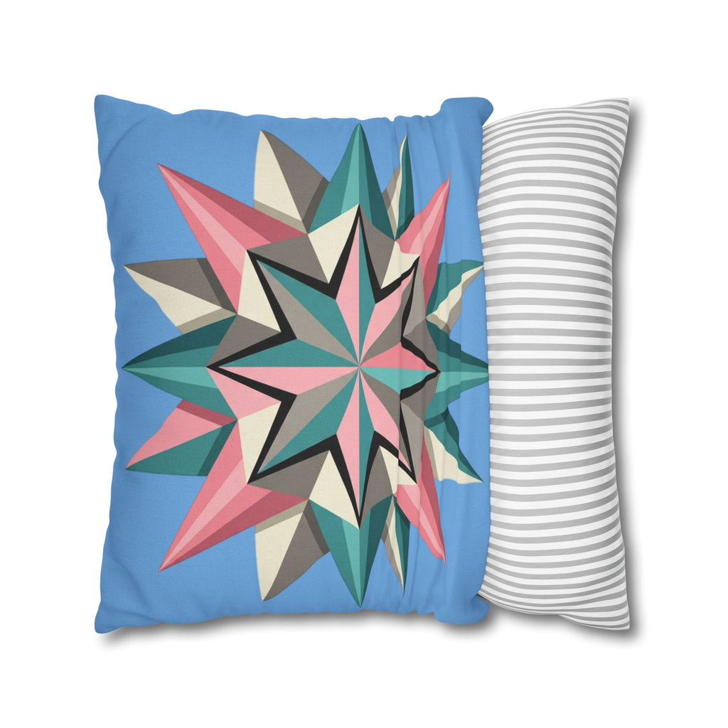 Geometric Starburst Throw Pillowcase – Pastel Compass Design on Sky Blue
