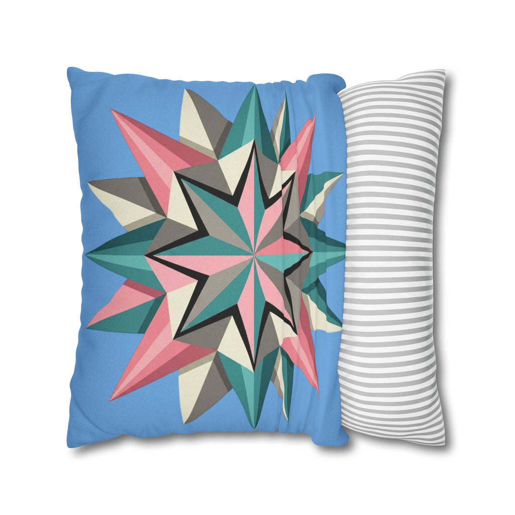 Geometric Starburst Throw Pillowcase – Pastel Compass Design on Sky Blue