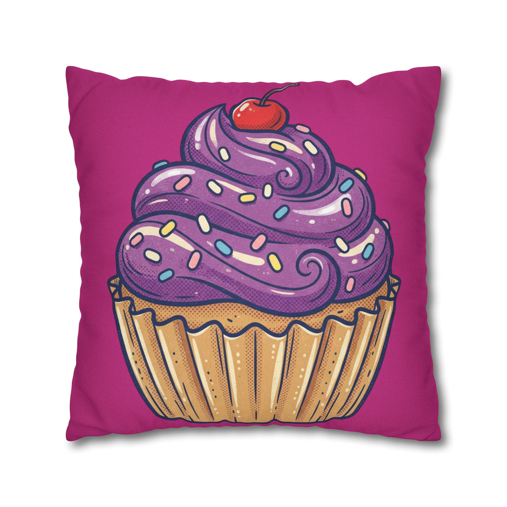 Cupcake Illustration Pillowcase - Purple Frosting Decorative Throw Pillow Cover- Magenta