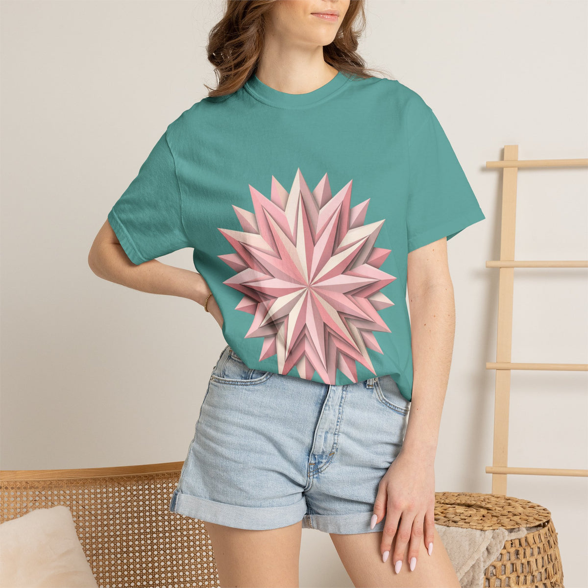 Geometric Rose Star T-Shirt — Pink 3D Origami Floral Tee