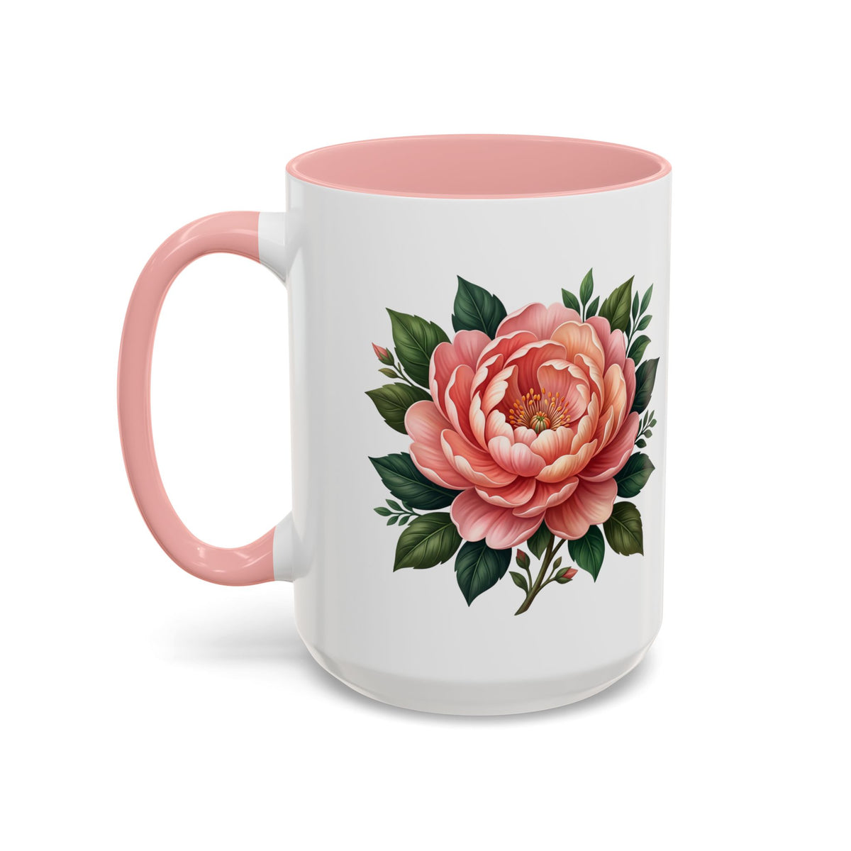 Floral Peony Accent Coffee Mug — Pink Rose Bloom Ceramic Cup
