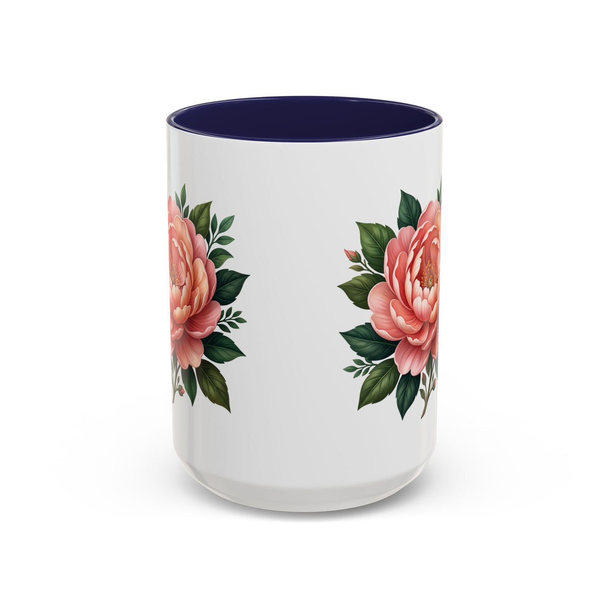 Floral Peony Accent Coffee Mug — Pink Rose Bloom Ceramic Cup