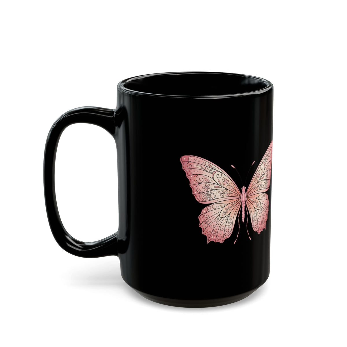 Pink Butterfly Black Mug — Elegant Floral Butterfly Ceramic Coffee Cup (11oz/15oz)