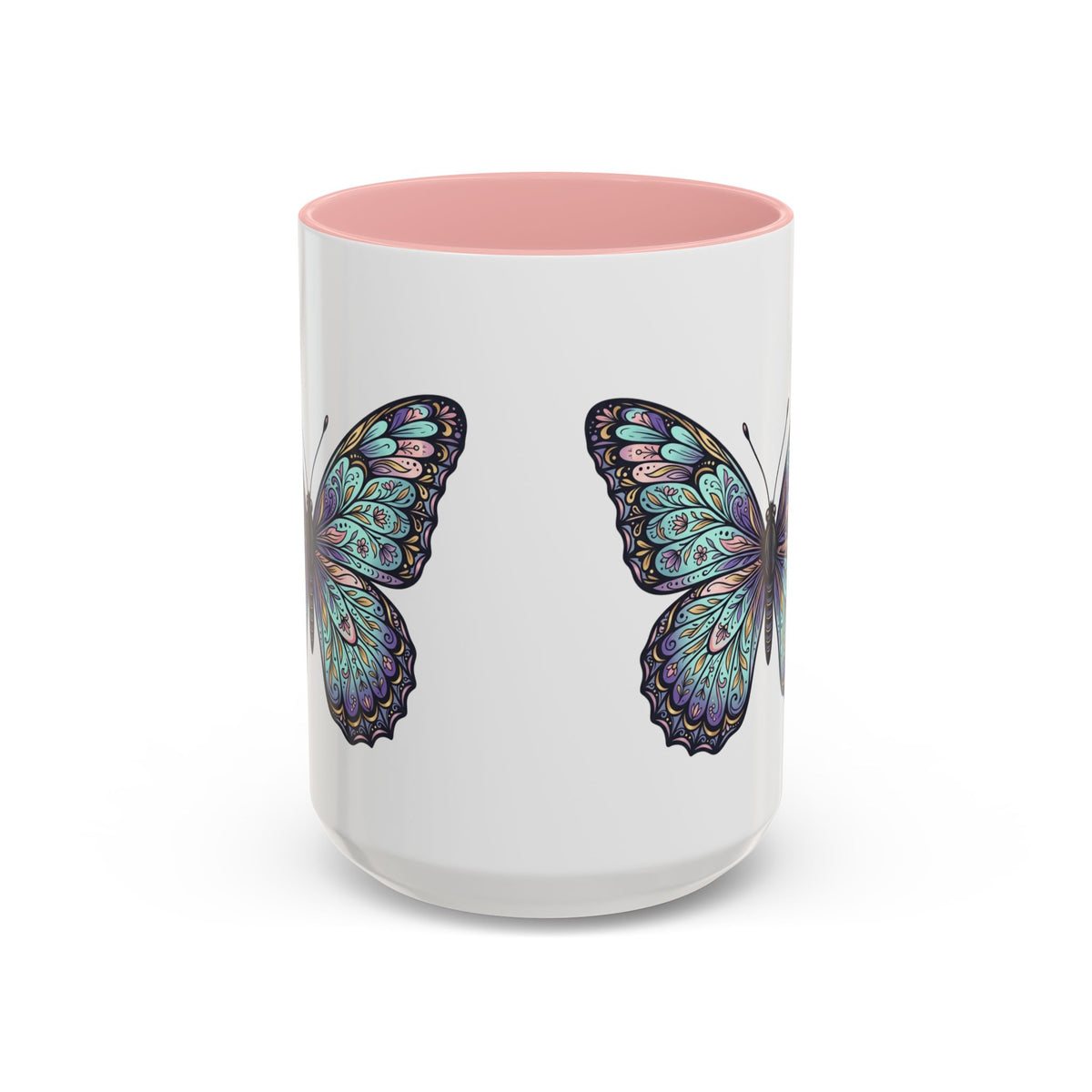 Butterfly Accent Coffee Mug — Teal Mandala Wing Design (11/15oz)