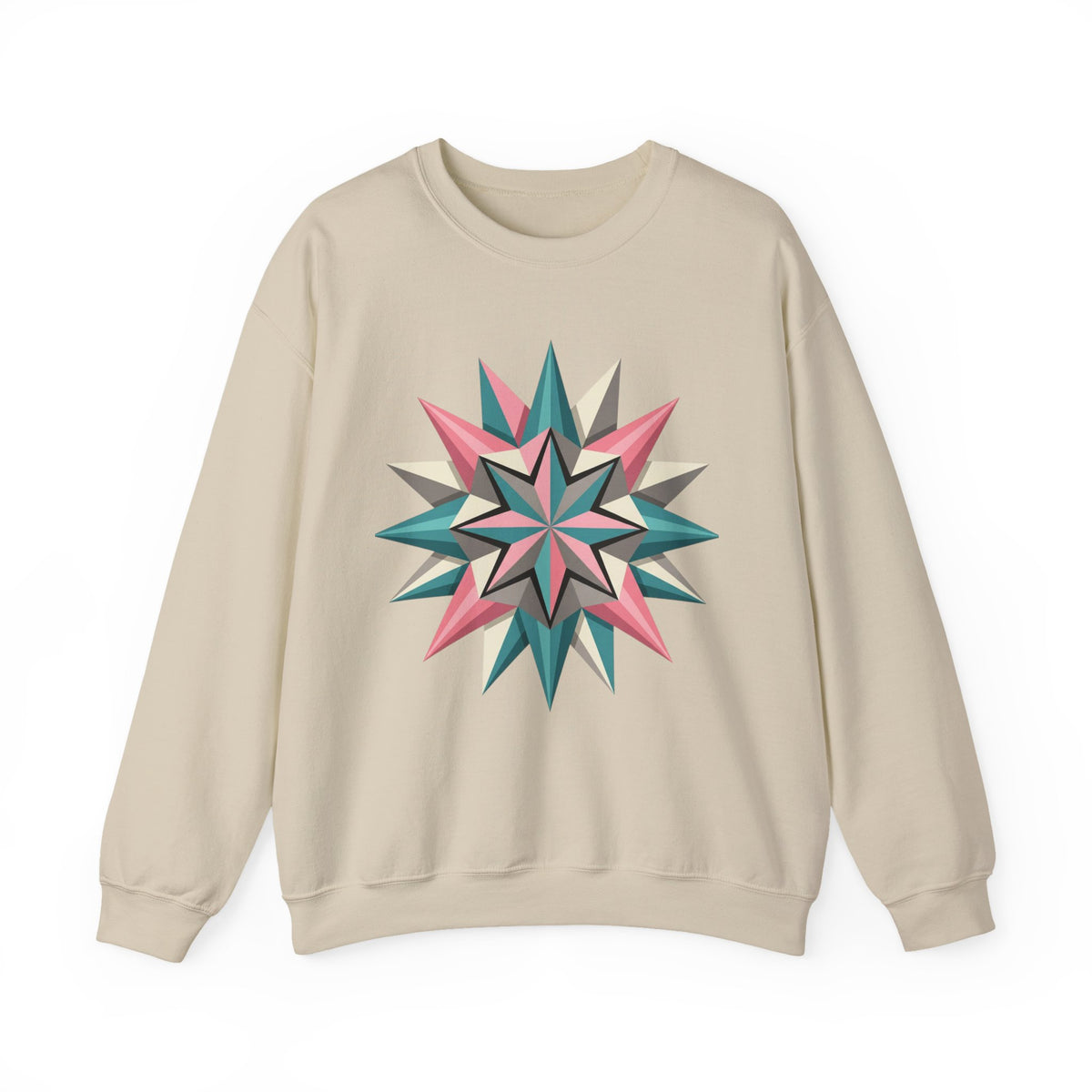 Geometric Starburst Crewneck Sweatshirt — Pink Teal Modern Compass Design